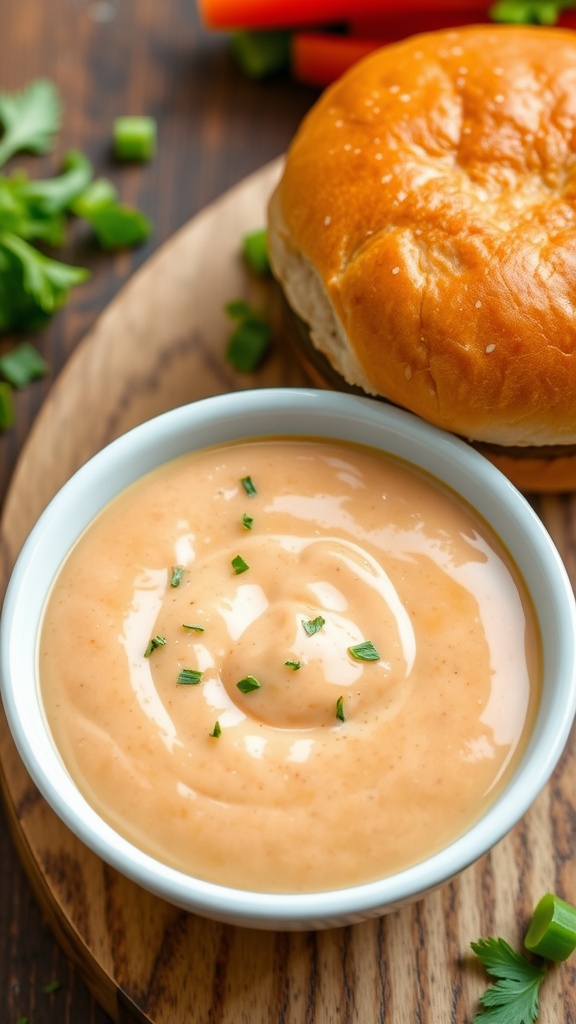 A bowl of homemade burger sauce next to a grilled burger with fresh vegetables.